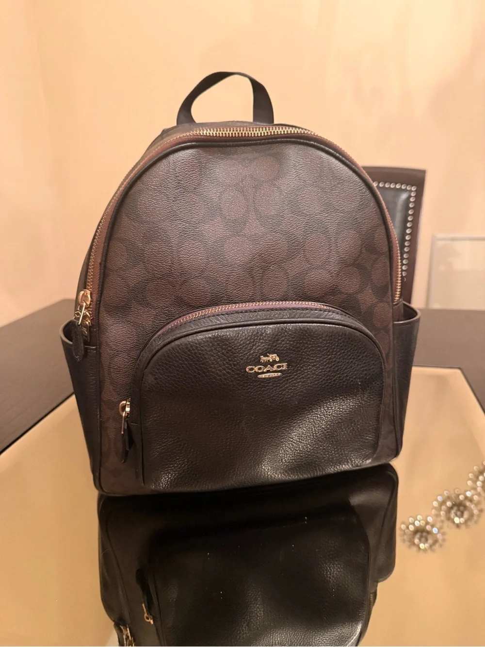 Coach Dark Brown Signature Mini Backpack with Gold Hardware